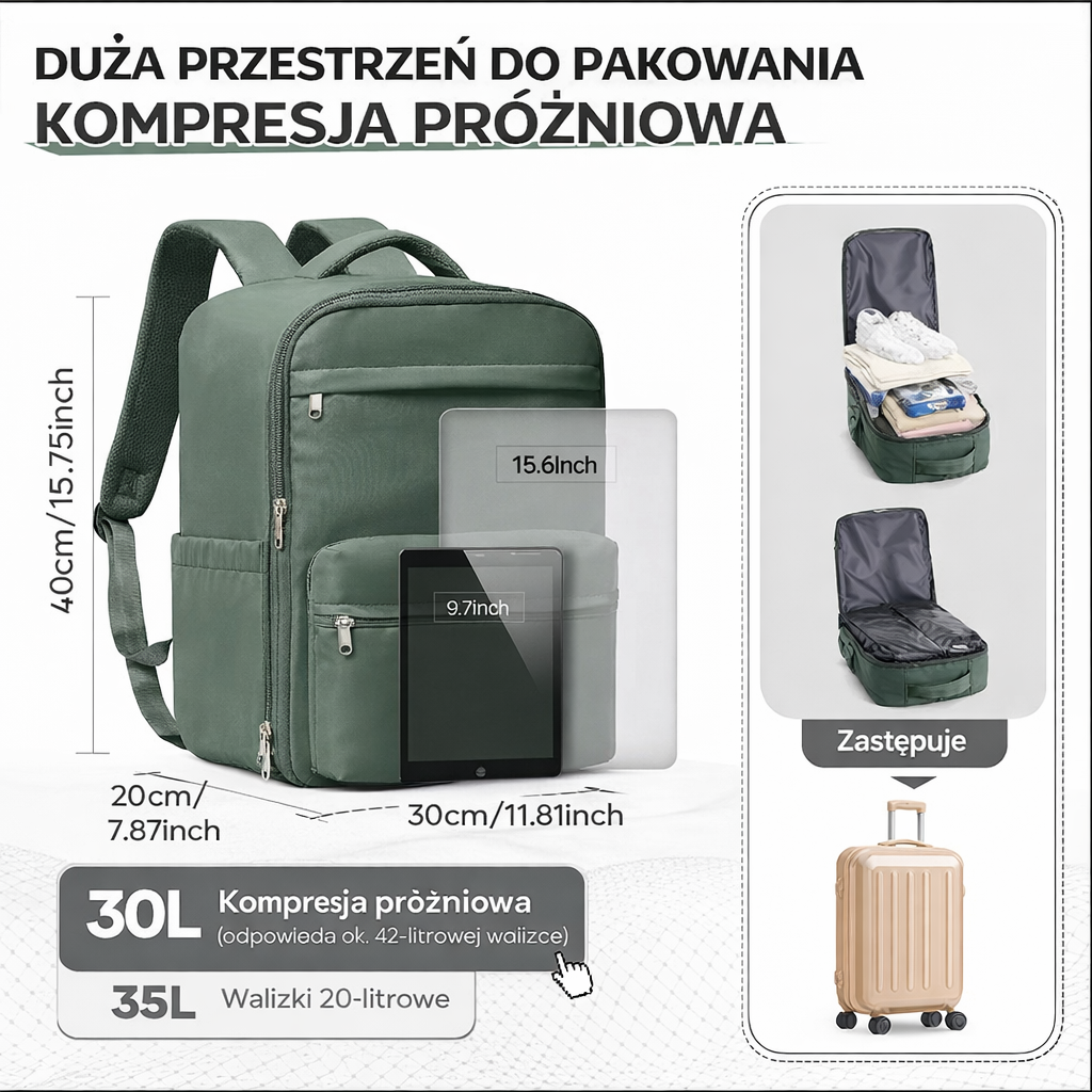 Plecak kabinowy z pompą do odsysania powietrza -  zgodny z parametrami Ryanair i WizzAir